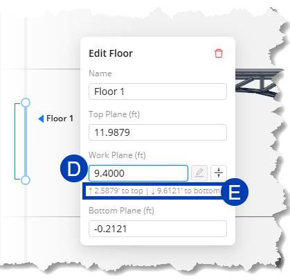 Editing floor details including name, top plane, work plane, and bottom plane measurements.